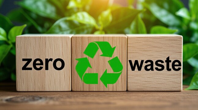 Three wooden blocks spelling zero waste with green recycling symbol between. Nature background with green leaves and sunlight effect. Sustainable lifestyle concept for eco friendly living.