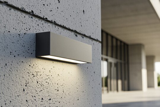 Modern rectangular wall lamp illuminates textured concrete surface of building exterior. Sleek minimalist outdoor lighting fixture emits warm glow on grey cement facade during twilight hours.