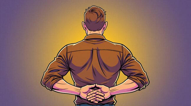 Man stands with hands clasped behind back. He has short brown hair and wears a brown button up shirt. Background is a gradient of yellow and purple.