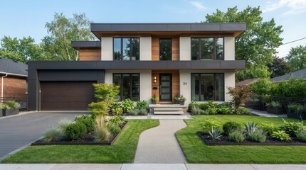 Fototapeta premium Modern Luxury Home Exterior with Lush Landscaping and Driveway.