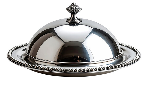 A polished silver serving dome rests on a matching platter.