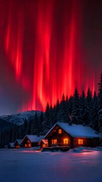 Cozy wooden log cabins with glowing windows nestled in a snowy winter forest under a spectacular vibrant red aurora borealis night sky with stars and distant mountains