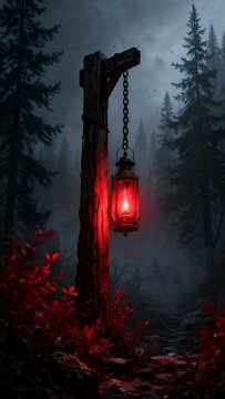 Mysterious red lantern hanging from a weathered wooden post in a dark foggy pine forest with eerie red foliage in the foreground and a moody atmospheric misty background scene