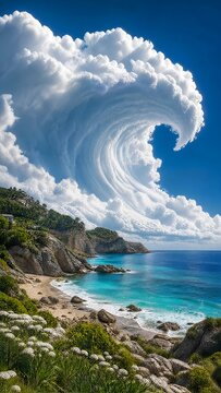 Breathtaking tropical beach coastline with turquoise water and white sand under a massive surreal cloud shaped like a crashing ocean wave against a clear bright blue sky