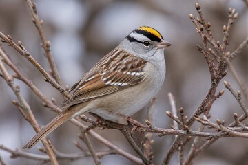 Fototapeta premium Yellow crowned sparrow perched on bare winter branches