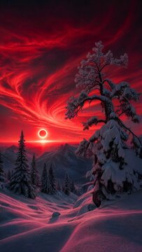 Surreal winter landscape featuring a crimson sky with a solar eclipse over snow-covered mountains and frost-laden pine trees in a frozen wilderness environment with pink light