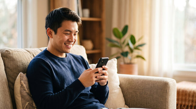 Asynchronous communication work from home smiling man using smartphone on sofa in cozy living room