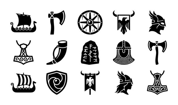 Viking mythology icon set, 15 black Norse symbols including longship and thor hammer, ancient scandinavian warrior vector elements for gaming