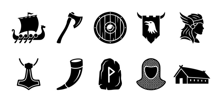 Viking culture black icons set, 10 Norse mythology vector elements, ancient Scandinavian warrior symbols, drakkar ship and mjolnir hammer graphics