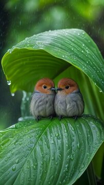 Two small brown headed birds huddling closely together for warmth and shelter under a large green leaf covered in raindrops during a soft rainfall in a lush green forest environment