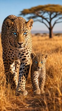 majestic adult leopard with striking blue eyes walking through golden savannah grass accompanied by a small cub with matching blue eyes under a clear sky with a distant blurred acacia tree