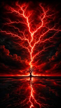 Powerful red lightning bolts striking a lone leafless tree in a dark surreal landscape with a reflective ground surface under a heavy stormy sky filled with red glowing cinematic clouds