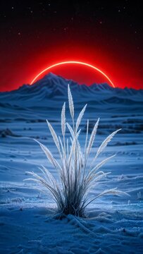 Sci-fi alien landscape with crystalline frost covered grass in a blue snowy plain, distant mountains under a dark starry sky with a glowing red celestial ring, detailed digital render.