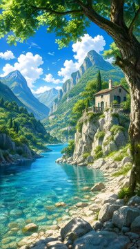 Scenic view of a rustic stone cottage perched on a high cliff overlooking a crystal clear turquoise river winding through a lush mountain valley under a bright blue summer sky with clouds
