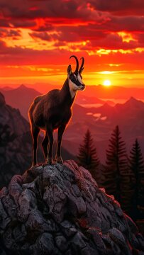 Majestic mountain goat standing on a rocky peak during a dramatic red sunset, panoramic view of jagged mountains and pine forests under a vibrant orange sky, high quality digital art.