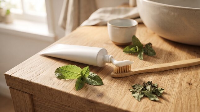 Toothpaste with Bamboo Toothbrush and Fresh Mint Leaves