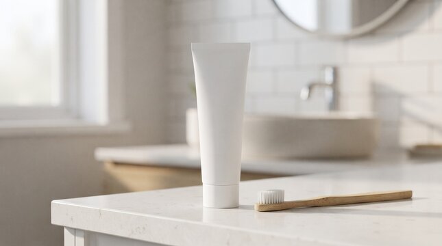 Minimal White Toothpaste Tube with Toothbrush in Clean Bathroom