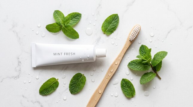 Toothpaste Tube with Toothbrush and Fresh Mint Leaves