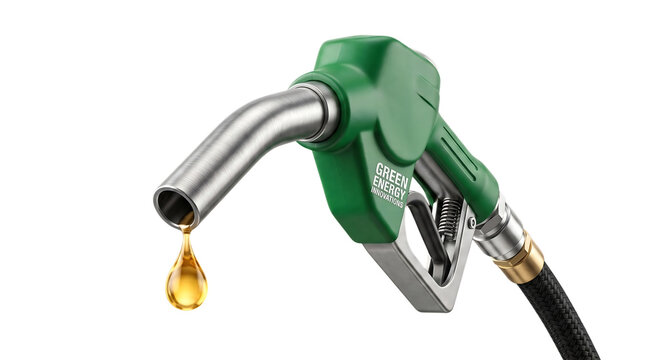 Green fuel nozzle with a drop of oil isolated on transparent background