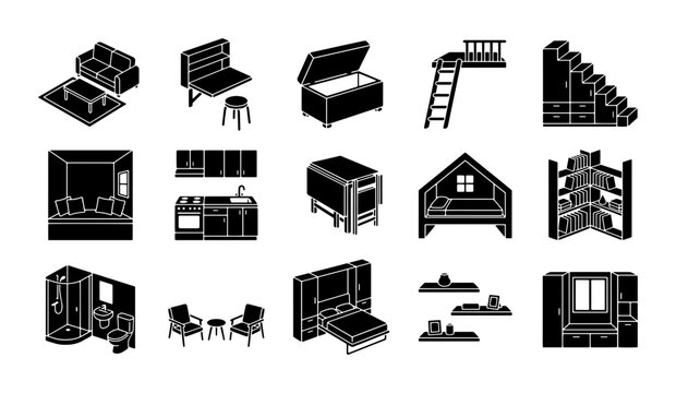Minimalist tiny house furniture icons, 15 black glyph vector set, space saving interior design elements for small apartment living