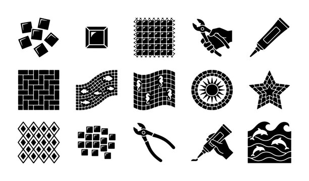 Mosaic tiling tools and patterns icon set, 15 black glyph vector elements for home renovation, ceramic tile installation and masonry work