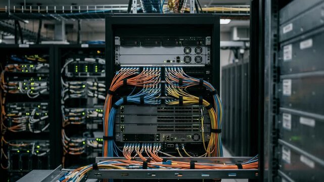 Medium frame of specialized electronic trading infrastructure highlighting fiber optic connections with adjacent racks gently blurred to emphasize precision hardware.