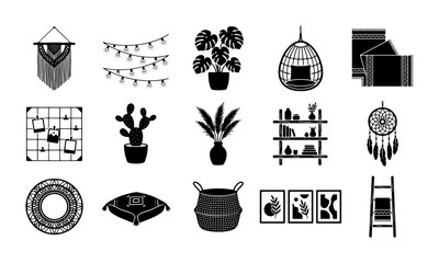 Boho interior design icons set, 15 bohemian home decor vector elements, black silhouette hygge lifestyle symbols for cozy room styling © Sajid