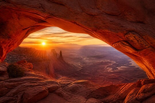 Natural rock arch framing sunrise over desert canyon landscape