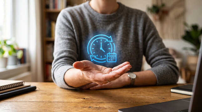 Asynchronous communication work from home with clock and calendar icon, calm remote office scene