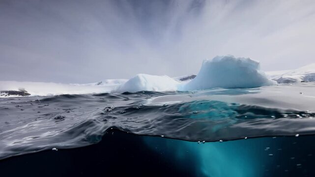 4K Cinematic View of Massive Icebergs Floating in Polar Ocean Waters
