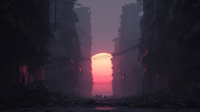 Fantasy wallpaper. Temple. A digital artwork depicts a postapocalyptic urban scene. The main subject is a dilapidated cityscape with towering buildings, their facades showing signs of wear and tear.