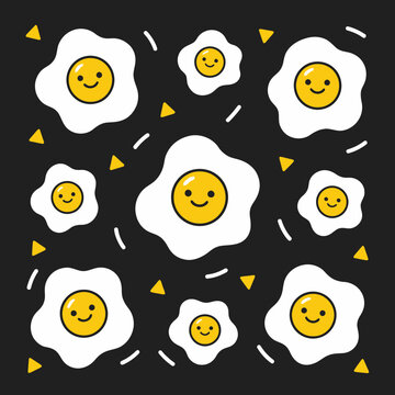 Cute cartoon fried egg pattern with smiley faces on dark background