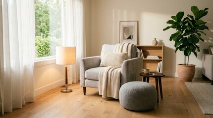 Fototapeta premium Cozy Modern Living Room Interior with Grey Armchair, Knit Throw, Warm Floor Lamp, Round Ottoman, Fiddle Leaf Fig Plant, Scandinavian Minimalist Design, Natural Light, Wooden Floor, Home Decor