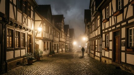 Fototapeta premium Mysterious Cobblestone Street Lined with Historic Half-Timbered Houses at Night.