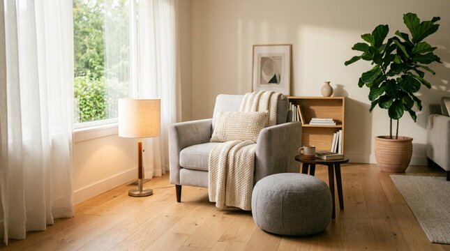 Cozy Modern Living Room Interior with Grey Armchair, Knit Throw, Warm Floor Lamp, Round Ottoman, Fiddle Leaf Fig Plant, Scandinavian Minimalist Design, Natural Light, Wooden Floor, Home Decor
