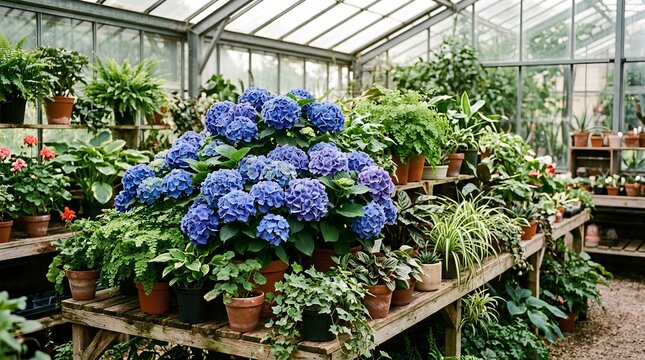 A lush greenhouse interior showcasing vibrant blue hydrangea flowers in full bloom, surrounded by potted green plants, ferns, and foliage arranged on rustic wooden tables under a glass roof structure.