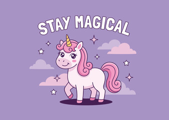 Naklejka premium Cute cartoon unicorn illustration with stay magical text on a soft pastel purple background