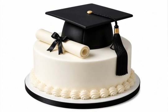 Graduation cake topped with cap and diploma on white background