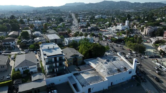 Palm framed aerial view of the historic Silver Lake neighborhood of Los Angeles, California, USA.