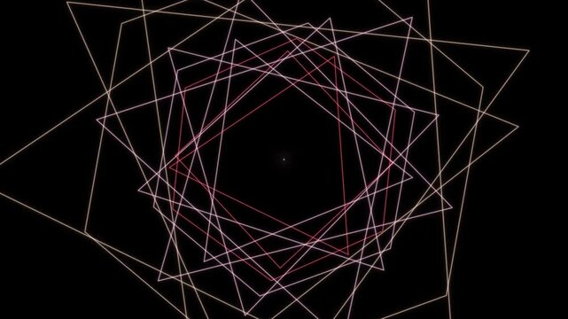 A complex geometric pattern formed by overlapping white and red lines radiating outward on a dark background.