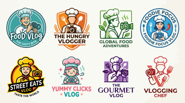 Collection of Food Vlogger Logos - Chef, Camera, Cooking, Foodie, Street Eats, Gourmet, Global Adventures