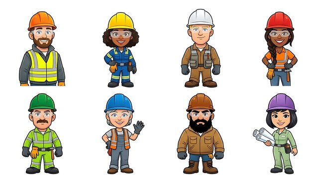 Construction Crew Collection: A vibrant set of cartoon characters representing diverse construction workers, each wearing safety gear like hard hats and vests, ready to tackle any project.