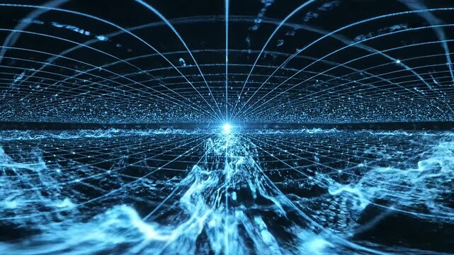 Digital wireframe grid perspective with central glowing light.