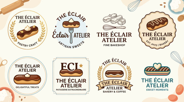 Collection of Eclair Atelier Logos: Pastry, Artisan Sweets, Bakery, Coffee Shop, Sweet Moments