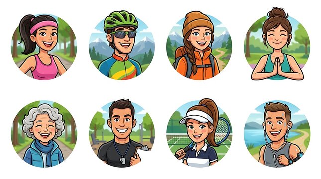 Set of People with Various Hobbies: A vibrant collection of cartoon-style characters, each representing different leisure activities like cycling, hiking, yoga, tennis, and running.
