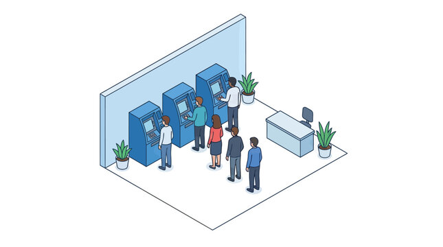People waiting in a queue to use bank ATM machines