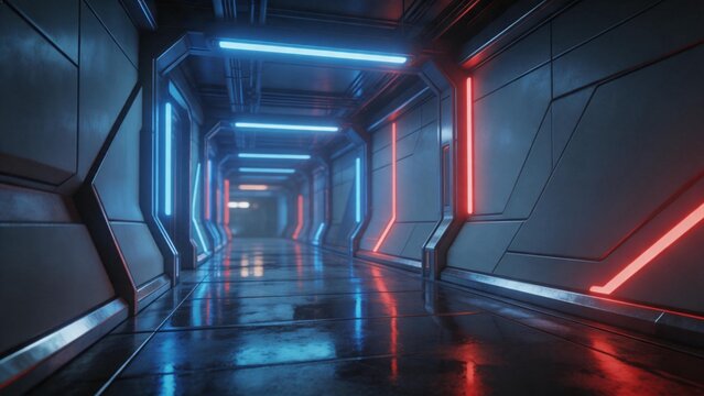 Futuristic corridor with neon lights