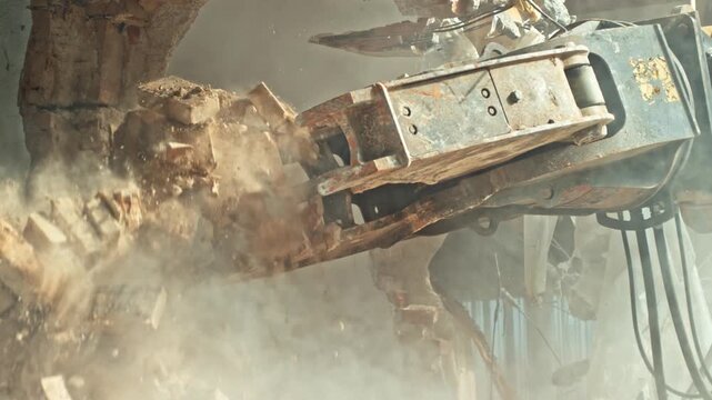 4K Close Up of Demolition Excavator Attachment Breaking Through Brick Wall