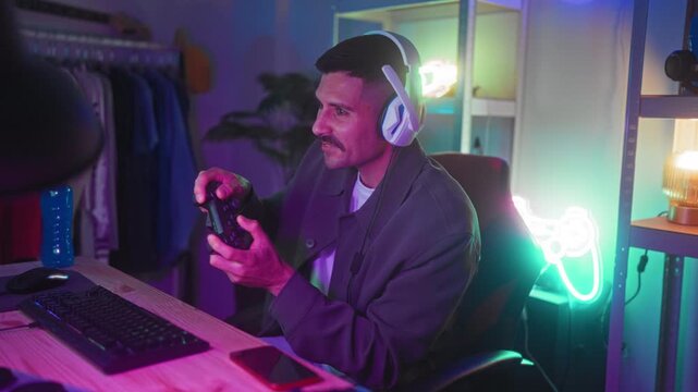 Man holding controller and wearing headset, leaning forward and playing at a wooden desk in studio with neon sign and keyboard visible; competitive excitement.