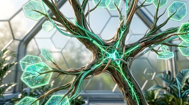 Bio-Tech Cybernetic Tree Trunk Glowing Green Circuitry Neural Energy Flow Hexagon Solar Leaves Sustainable Bioenergy Science Abstract 3D Render